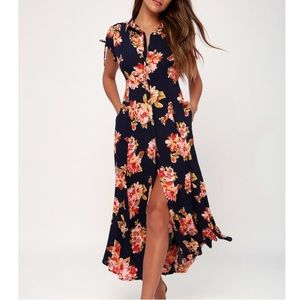 Lulus I’m Worth It Navy Blue Floral Midi Dress